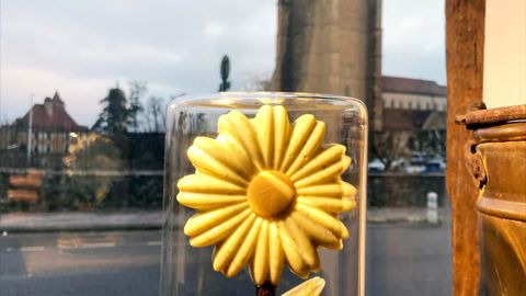 Pour les amoureux, une fleur à base de chocolat blanc, citron vert, pollen et ananas rôti, dans un pot en chocolat lait-noisette. © J.-P. Amet Pour les amoureux, une fleur à base de chocolat blanc, citron vert, pollen et ananas rôti, dans un pot en chocolat lait-noisette. © J.-P. Amet